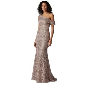Jovani 09776A One-Shoulder Lace Sequin Mermaid Gown Café Champagne Size 14 NWT